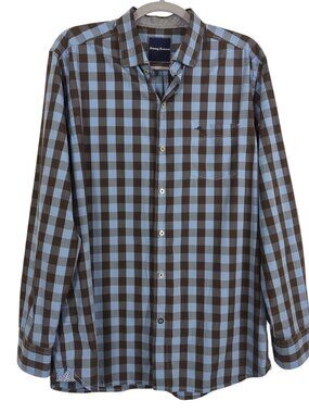 Tommy Bahama Shirt Mens Medium Blue Brown Check Long Sleeve Button Up Casual